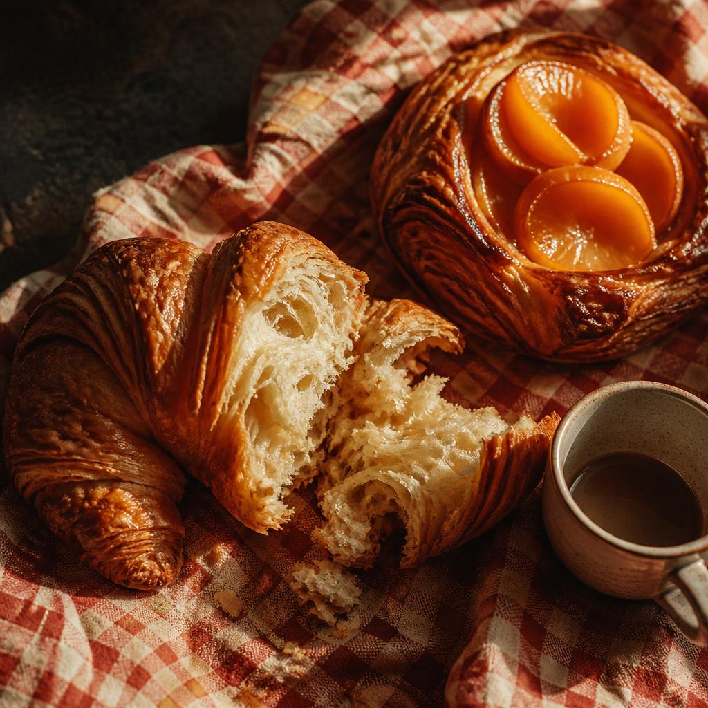 A buttery flaky croissant and glossy apricot pastry on coral gingham linen